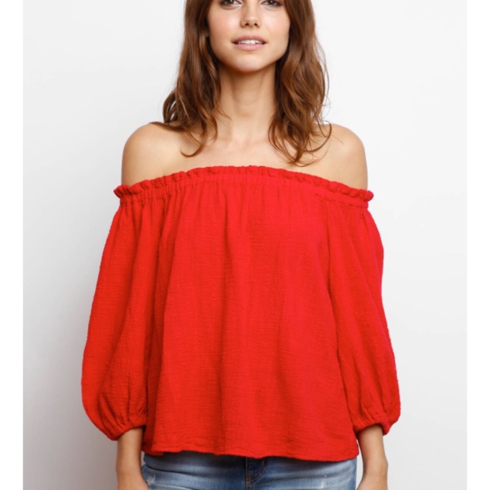 South moon under red off the shoulder top